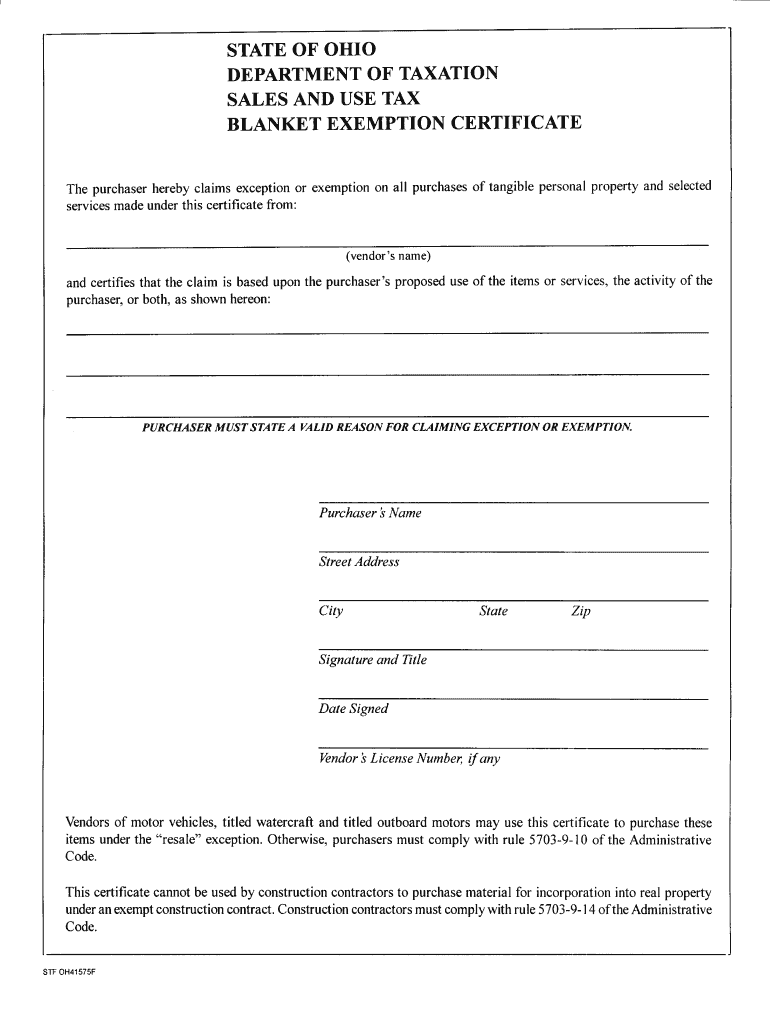 Blanket Certificate of Exemption Ohio  Form